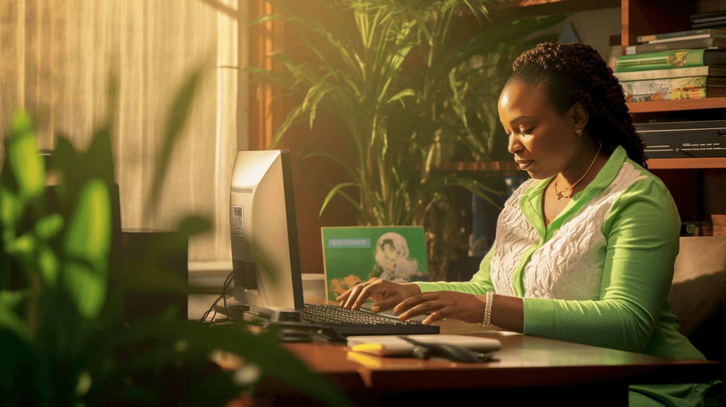 Person working at a desk with a computer, surrounded by indoor plants and shelves filled with books.