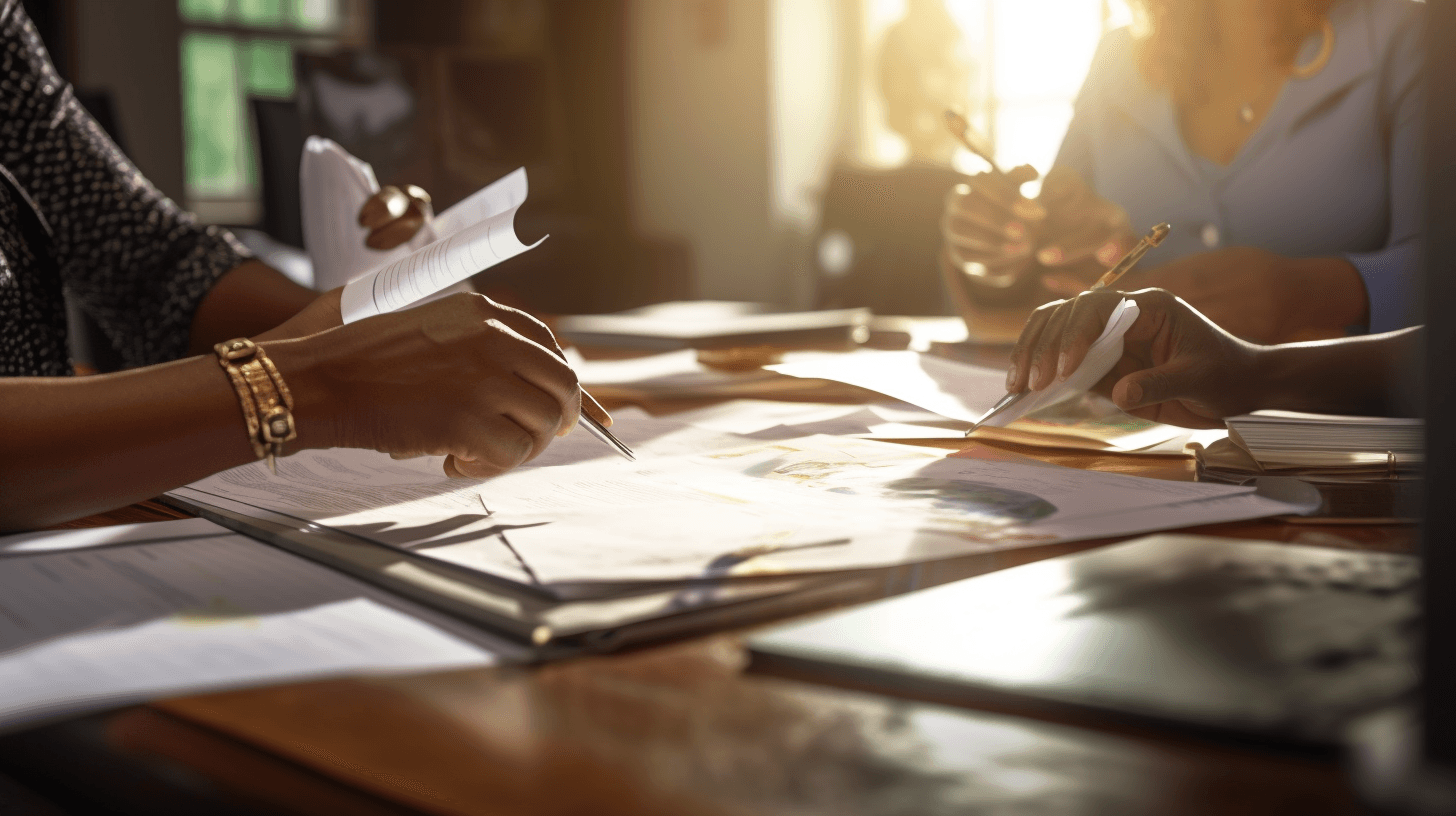 Close-up of hands holding pens and papers during a meeting at a sunlit wooden table.