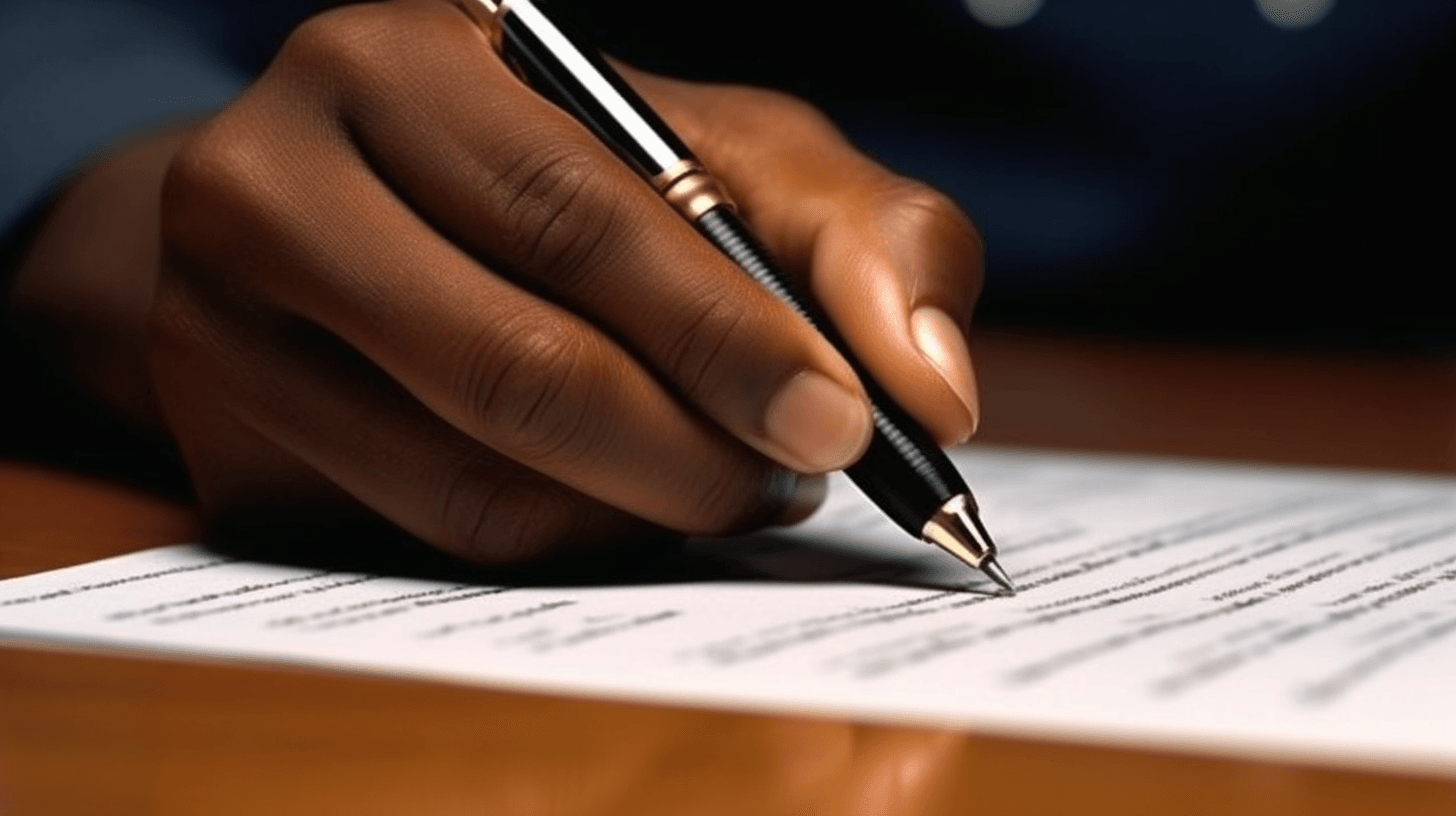 Close-up of a hand holding a pen while writing on a paper document.