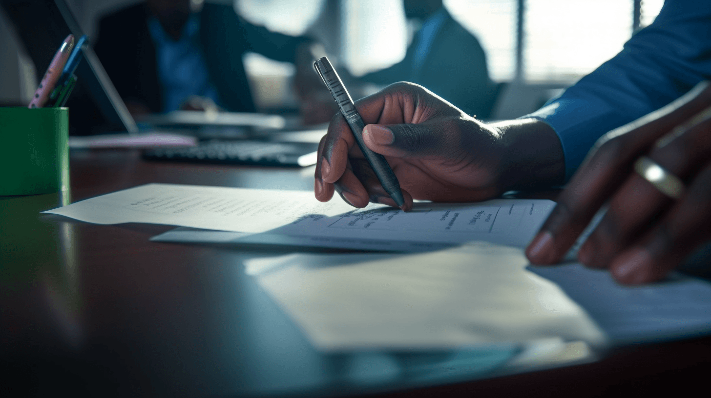 Close-up of a person holding a pen over documents on a desk in an office setting.